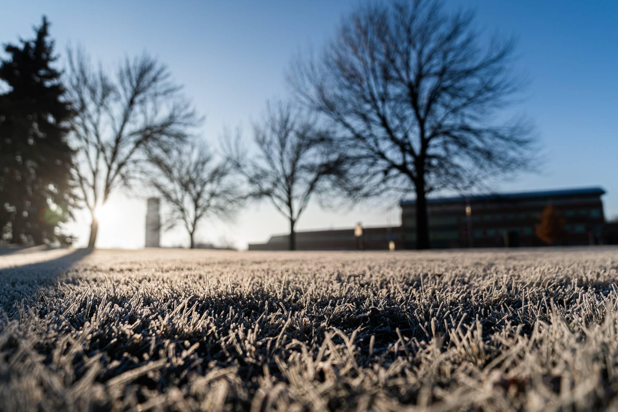 The Cook Carillon Tower on GVSU's Allendale Campus in the winter with snow on the ground